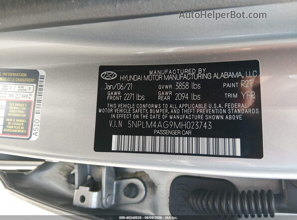 5NPLM4AG9MH023743 2021 HYUNDAI ELANTRA Gray ძრავის განყოფილების ხედი