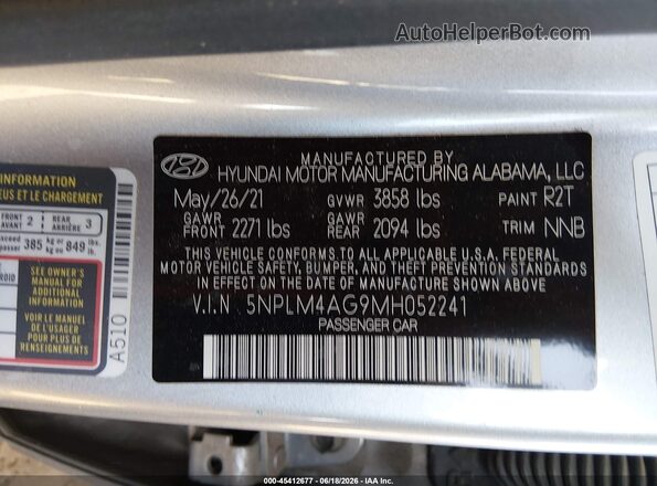 5NPLM4AG9MH052241 2021 HYUNDAI ELANTRA Silver ძრავის განყოფილების ხედი
