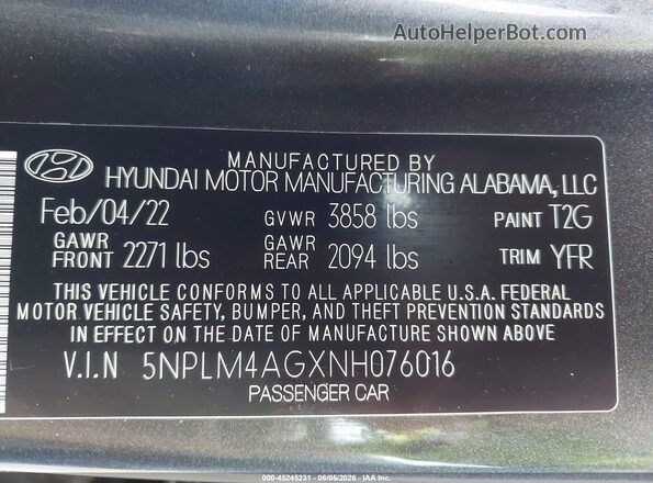 5NPLM4AGXNH076016 2022 HYUNDAI ELANTRA Gray Widok komory silnika