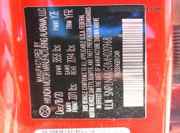 5NPLN4AG0MH020968 2021 HYUNDAI ELANTRA Red Vista de la etiqueta del VIN