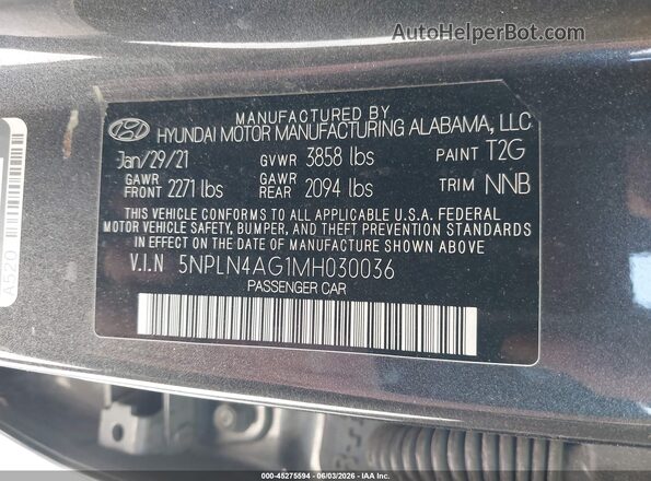 5NPLN4AG1MH030036 2021 HYUNDAI ELANTRA Gray Widok komory silnika