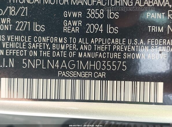 5NPLN4AG1MH035575 2021 HYUNDAI ELANTRA Silver Շարժիչի բաժամունքի տեսք