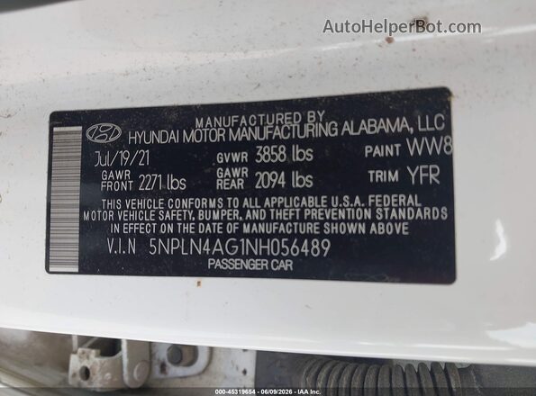 5NPLN4AG1NH056489 2022 HYUNDAI ELANTRA White Widok komory silnika