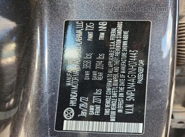 5NPLN4AG1NH074443 2022 HYUNDAI ELANTRA Charcoal Շարժիչի բաժամունքի տեսք