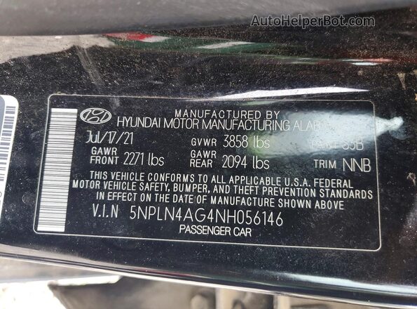 5NPLN4AG4NH056146 2022 HYUNDAI ELANTRA Black VIN կոդի պիտակի տեսք