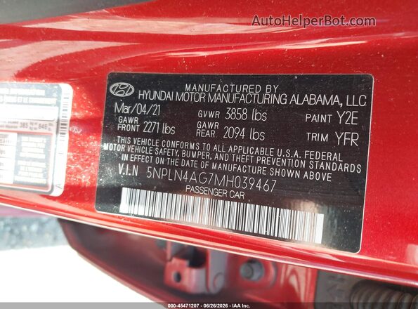 5NPLN4AG7MH039467 2021 HYUNDAI ELANTRA Красный Вид подкапотного пространства