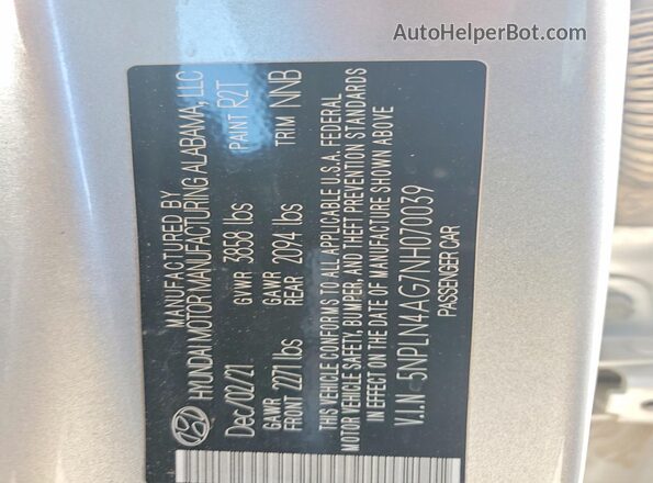 5NPLN4AG7NH070039 2022 HYUNDAI ELANTRA Silver 