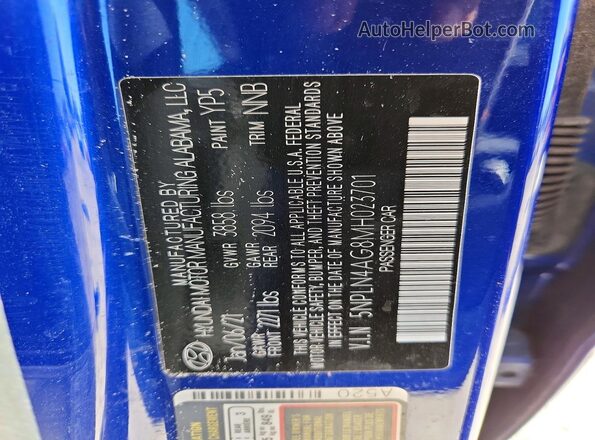 5NPLN4AG8MH023701 2021 HYUNDAI ELANTRA Blue Շարժիչի բաժամունքի տեսք