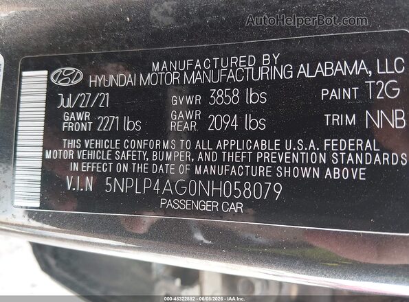 5NPLP4AG0NH058079 2022 HYUNDAI ELANTRA Black Շարժիչի բաժամունքի տեսք
