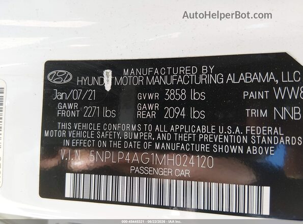 5NPLP4AG1MH024120 2021 HYUNDAI ELANTRA White Շարժիչի բաժամունքի տեսք