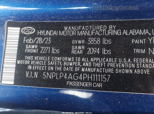5NPLP4AG4PH111157 2023 HYUNDAI ELANTRA Blue ძრავის განყოფილების ხედი