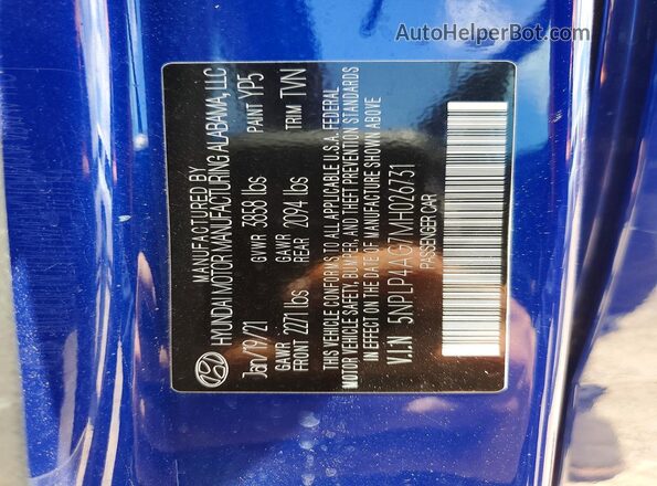 5NPLP4AG7MH026731 2021 HYUNDAI ELANTRA Blue Widok naklejki z numerem VIN