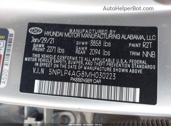 5NPLP4AG8MH030223 2021 HYUNDAI ELANTRA Gray Вид підкапотного простору