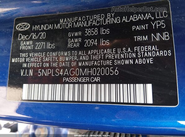 5NPLS4AG0MH020056 2021 HYUNDAI ELANTRA Blue Engine compartment view