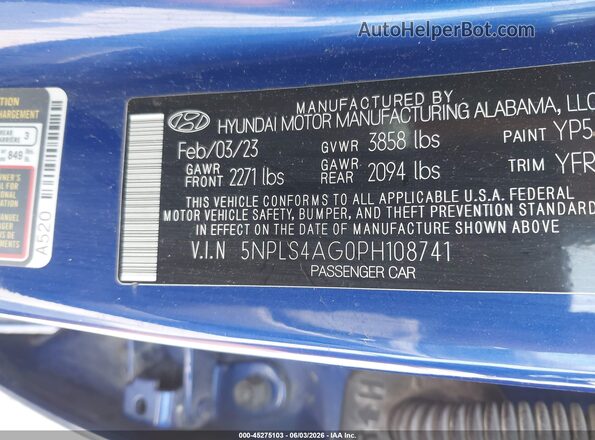 5NPLS4AG0PH108741 2023 HYUNDAI ELANTRA Blue Շարժիչի բաժամունքի տեսք