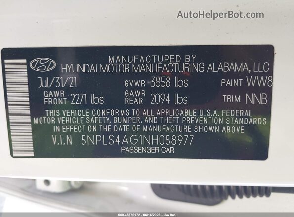 5NPLS4AG1NH058977 2022 HYUNDAI ELANTRA White ძრავის განყოფილების ხედი