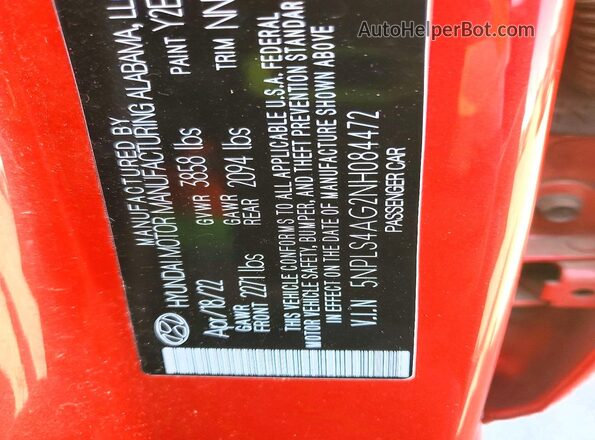 5NPLS4AG2NH084472 2022 HYUNDAI ELANTRA Red 