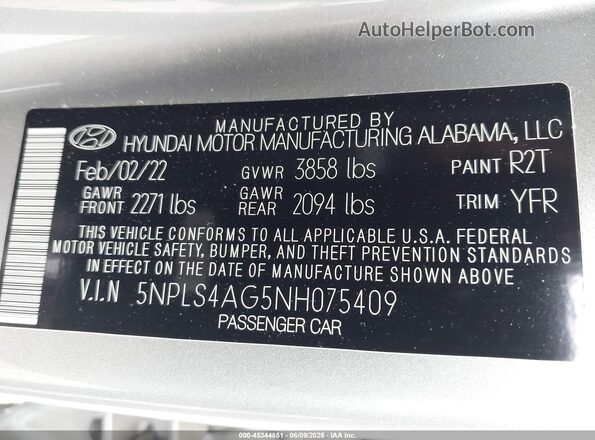 5NPLS4AG5NH075409 2022 HYUNDAI ELANTRA Silver Շարժիչի բաժամունքի տեսք