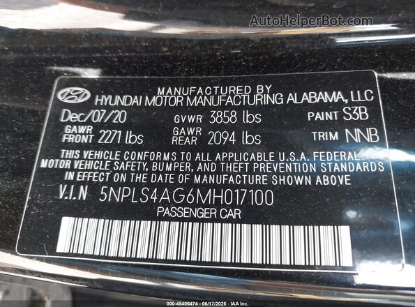 5NPLS4AG6MH017100 2021 HYUNDAI ELANTRA Black Вид підкапотного простору