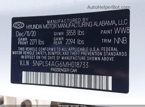 5NPLS4AG6MH018733 2021 HYUNDAI ELANTRA White Շարժիչի բաժամունքի տեսք
