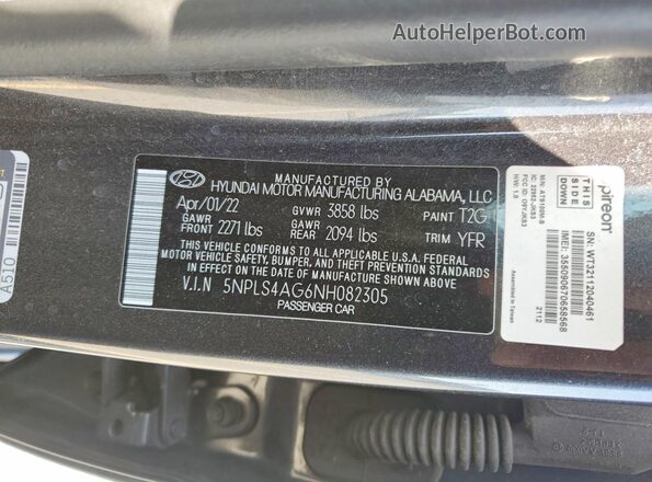 5NPLS4AG6NH082305 2022 HYUNDAI ELANTRA Угольный Вид наклейки с VIN-кодом