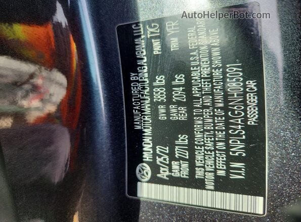 5NPLS4AG6NH085091 2022 HYUNDAI ELANTRA Gray Вид наклейки з VIN-кодом