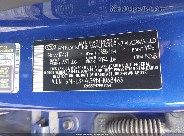 5NPLS4AG9NH068463 2022 HYUNDAI ELANTRA Blue Շարժիչի բաժամունքի տեսք