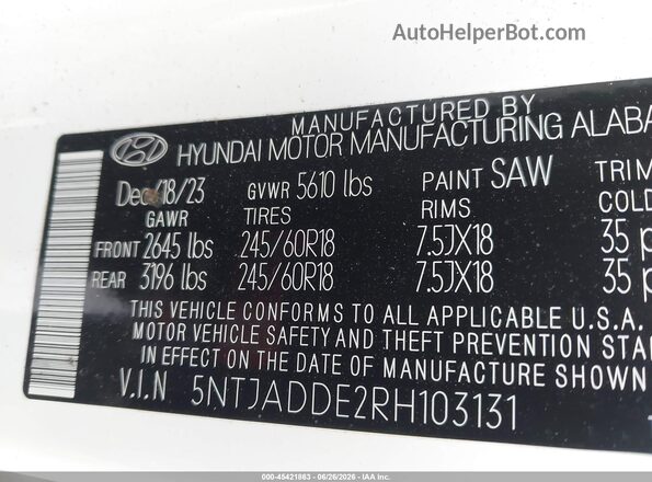 5NTJADDE2RH103131 2024 HYUNDAI SANTA CRUZ White ძრავის განყოფილების ხედი