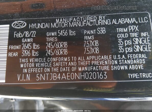 5NTJB4AE0NH020163 2022 HYUNDAI SANTA CRUZ Черный Вид подкапотного пространства