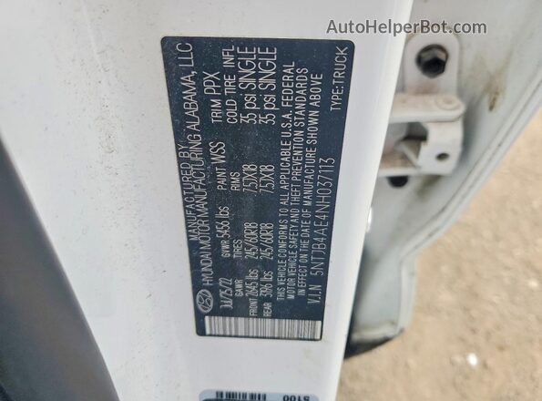 5NTJB4AE4NH037113 2022 HYUNDAI SANTA White Vista de la etiqueta del VIN