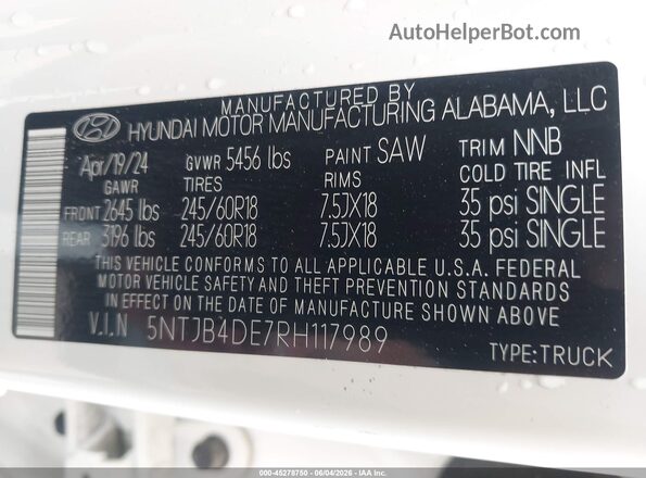 5NTJB4DE7RH117989 2024 HYUNDAI SANTA CRUZ White Engine compartment view