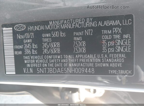 5NTJBDAE5NH009448 2022 HYUNDAI SANTA CRUZ Gray Շարժիչի բաժամունքի տեսք