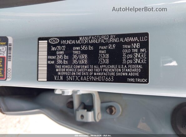 5NTJC4AE9NH017663 2022 HYUNDAI SANTA CRUZ Blue Vista del compartimento del motor