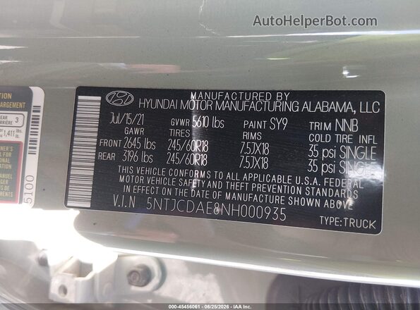 5NTJCDAE8NH000935 2022 HYUNDAI SANTA CRUZ Зеленый Вид подкапотного пространства