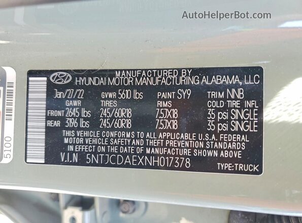 5NTJCDAEXNH017378 2022 HYUNDAI SANTA Green 