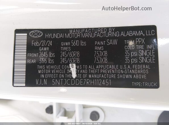 5NTJCDDE7RH112451 2024 HYUNDAI SANTA CRUZ White Vista del compartimento del motor