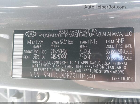 5NTJCDDF7RH114340 2024 HYUNDAI SANTA CRUZ Gray ძრავის განყოფილების ხედი