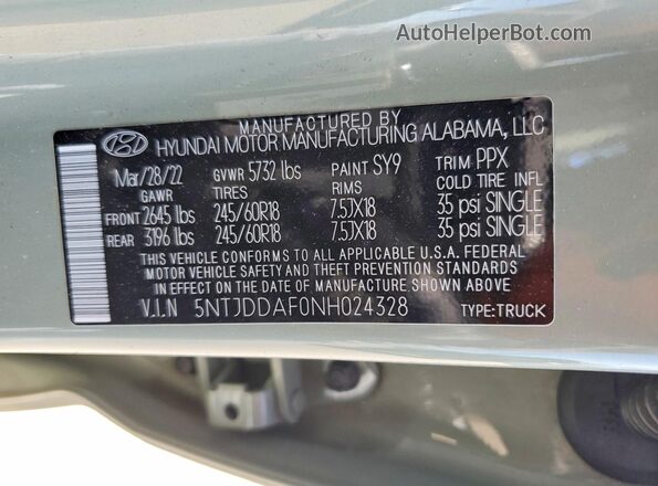 5NTJDDAF0NH024328 2022 HYUNDAI SANTA Green Widok naklejki z numerem VIN