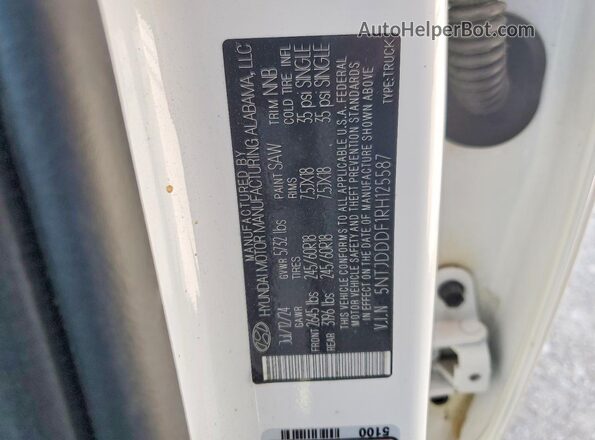 5NTJDDDF1RH125587 2024 HYUNDAI SANTA White VIN კოდის სტიკერის ხედი