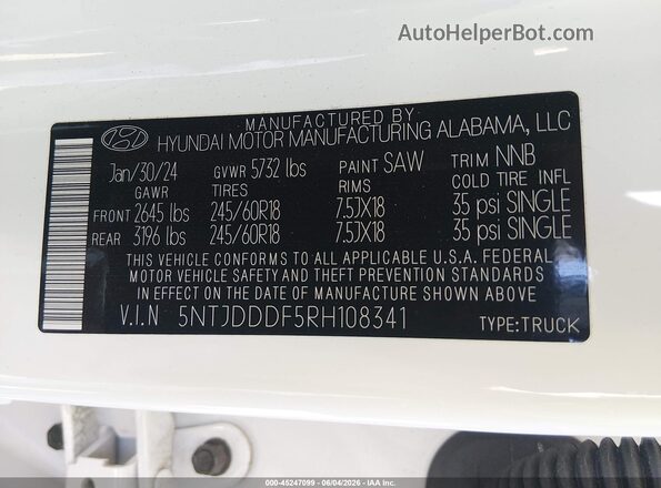5NTJDDDF5RH108341 2024 HYUNDAI SANTA CRUZ White Շարժիչի բաժամունքի տեսք
