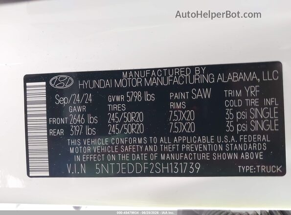5NTJEDDF2SH131739 2025 HYUNDAI SANTA CRUZ White Вид підкапотного простору
