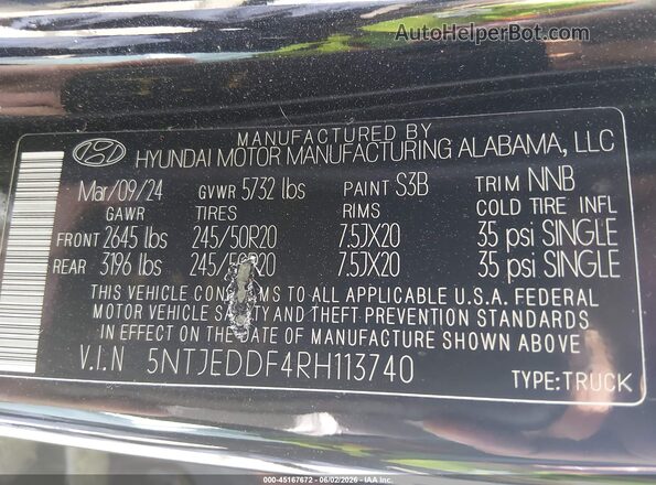 5NTJEDDF4RH113740 2024 HYUNDAI SANTA CRUZ Black Շարժիչի բաժամունքի տեսք