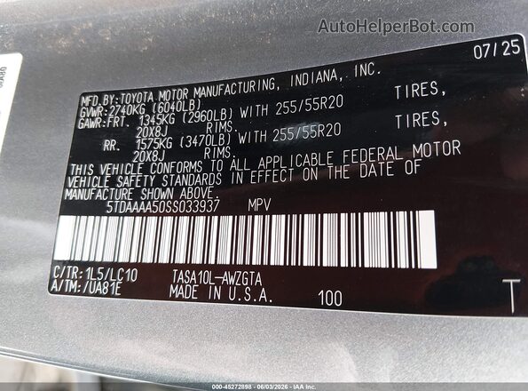 5TDAAAA50SS033937 2025 TOYOTA GRAND HIGHLANDER Серый Вид подкапотного пространства