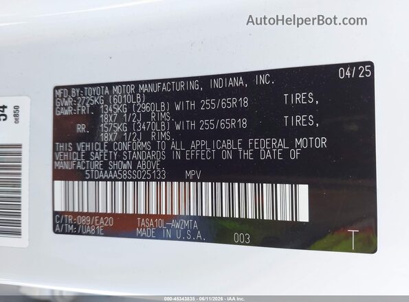 5TDAAAA58SS025133 2025 TOYOTA GRAND HIGHLANDER White Engine compartment view