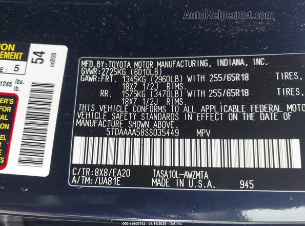 5TDAAAA58SS035449 2025 TOYOTA GRAND HIGHLANDER Blue ძრავის განყოფილების ხედი