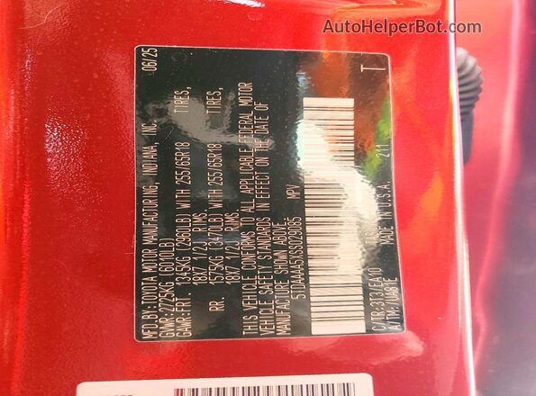 5TDAAAA5XSS029085 2025 TOYOTA GRAND Burgundy VIN sticker view