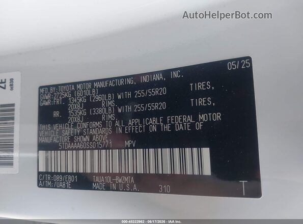 5TDAAAA60SS015771 2025 LEXUS TX 350 White Vista del compartimento del motor
