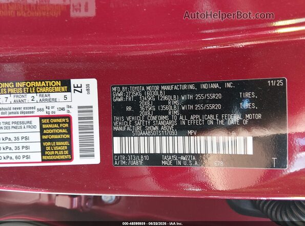 5TDAAAB50TS117093 2026 TOYOTA GRAND HIGHLANDER Red Շարժիչի բաժամունքի տեսք