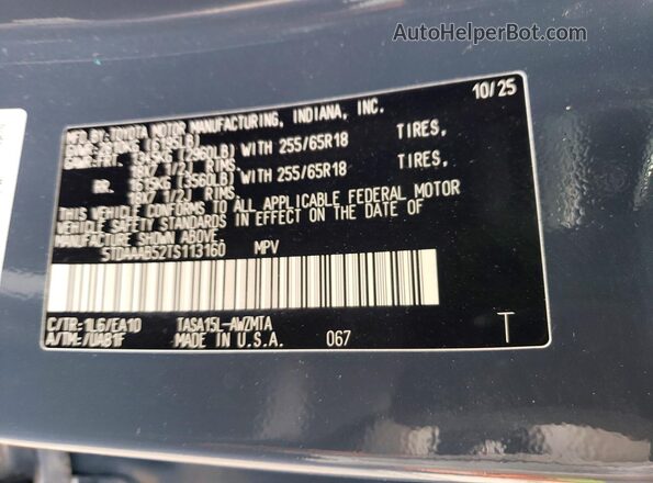 5TDAAAB52TS113160 2026 TOYOTA GRAND Blue VIN կոդի պիտակի տեսք