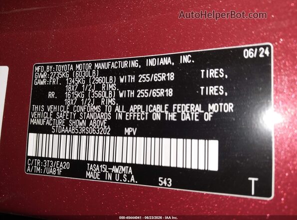 5TDAAAB53RS063202 2024 TOYOTA GRAND HIGHLANDER Red Widok komory silnika